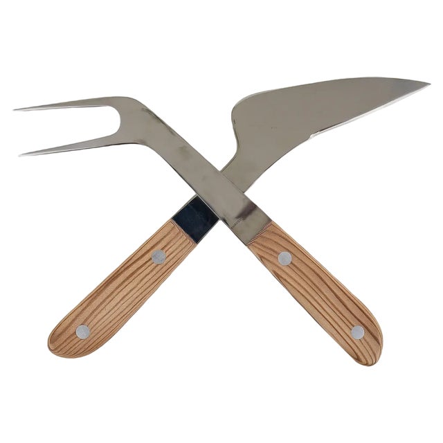 Mid-Century Steel & Wood Carving Knife and Fork attributed to Amboss Austria, 1960s, Set of 2 For Sale