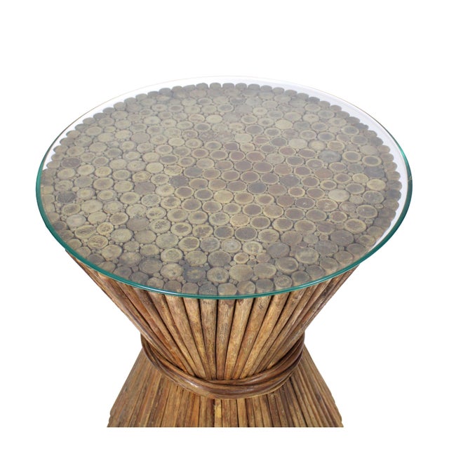 American Attributed to McGuire Vintage Wheat Sheaf Bamboo Pedestal Base Center Dining Table For Sale - Image 3 of 10