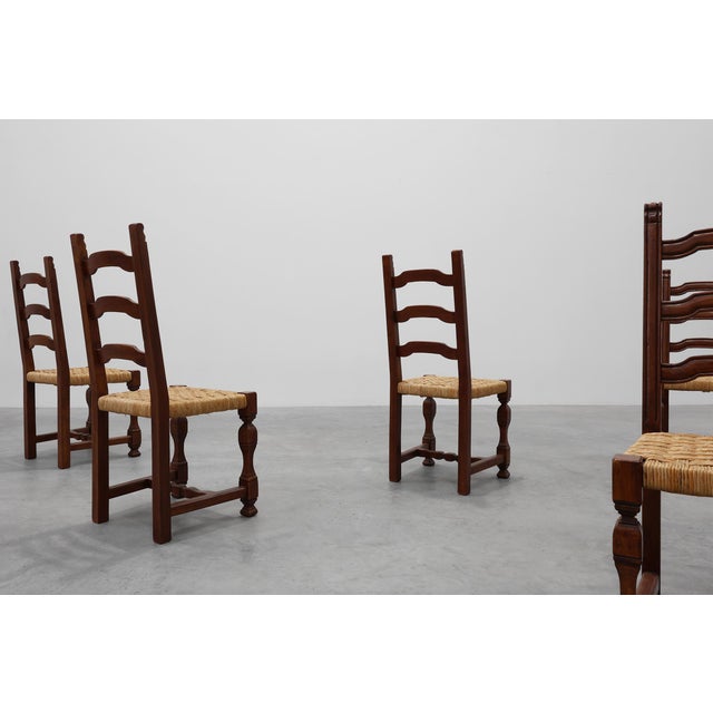 Wood Mid-Century Brutalist Chairs in Wood and Wicker, Belgium, 1970s, Set of 8 For Sale - Image 7 of 17