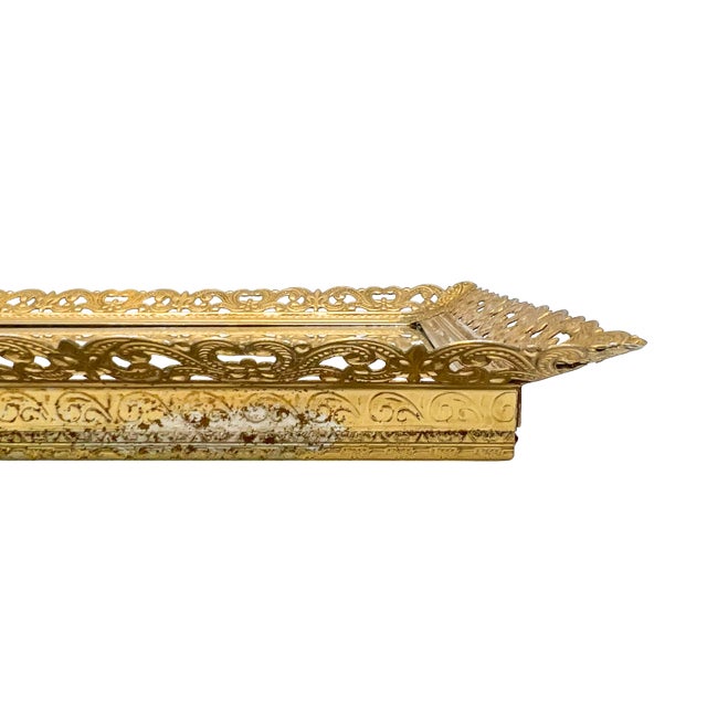 Late 20th Century Vintage Hollywood Regency Gold-Tone Filigree Mirrored Vanity Tray - Ornate Filigree Edge – Glam / Rococo Revival / Mid-Century For Sale - Image 5 of 13