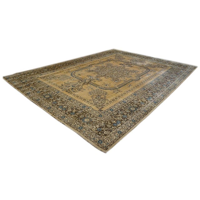 1940s Antique Persian Tabriz Wool 10x13 Tan, Blue & Charcoal Handmade Area Rug #9902951 For Sale - Image 5 of 8