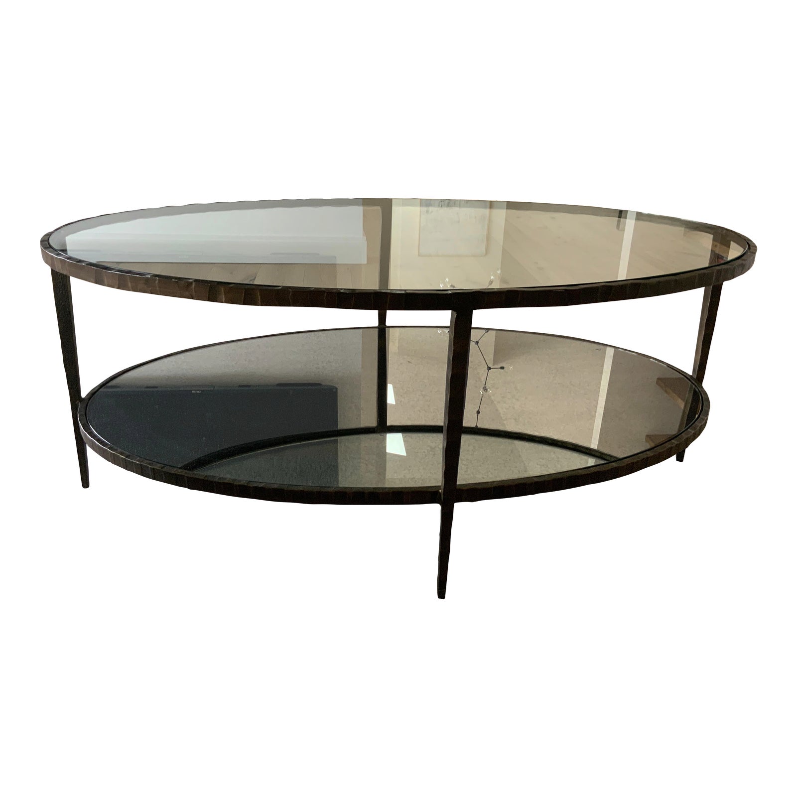 Clairemont Metal and Glass Oval Coffee Table With Shelf | Chairish