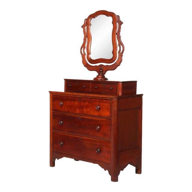 Antique Shaker School Cherry 5-Drawer Chest With Mirror C1890 For Sale