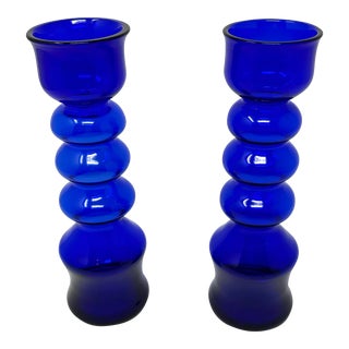 1960s Mid- Century Modern Hand Blown Cobalt Blue Glass Candlestick Holders Scandinavian- a Pair For Sale
