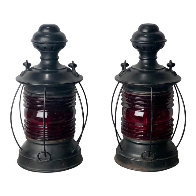 1900 Red Glass Ship's Lanterns - a Pair For Sale