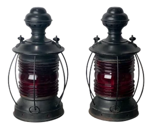 1900 Red Glass Ship's Lanterns - a Pair