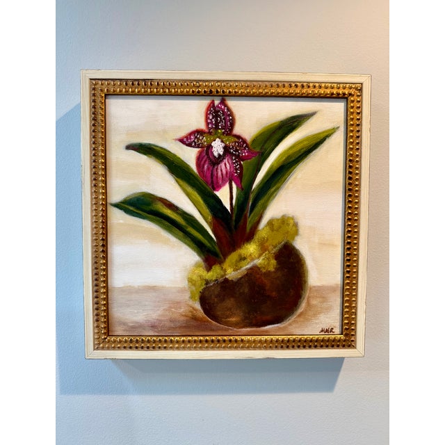 Original design of a Lady Slipper Orchid in rich jewel tones accented by a custom vintage-look wood frame. Acrylic on...