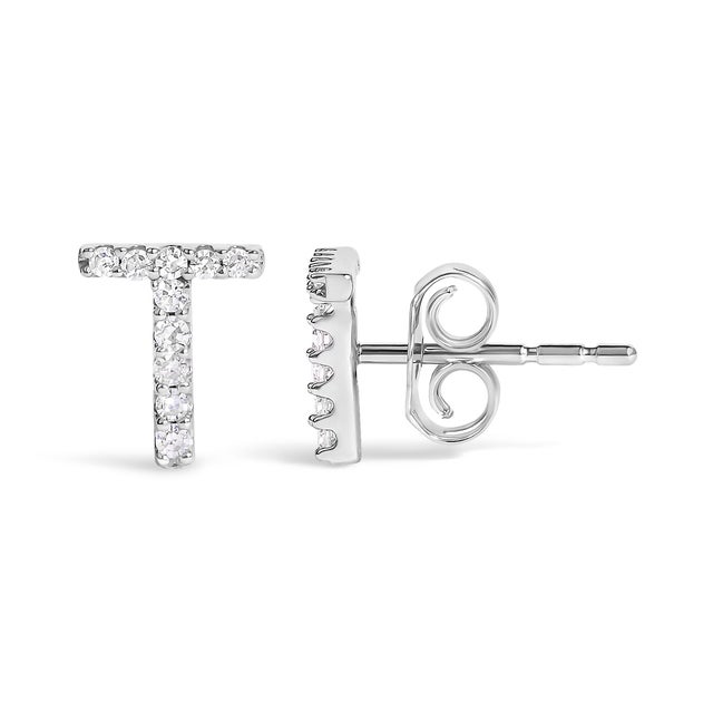 Contemporary 10K White Gold 1/10 Cttw Diamond 'T' Initial Stud Earring For Sale - Image 3 of 5