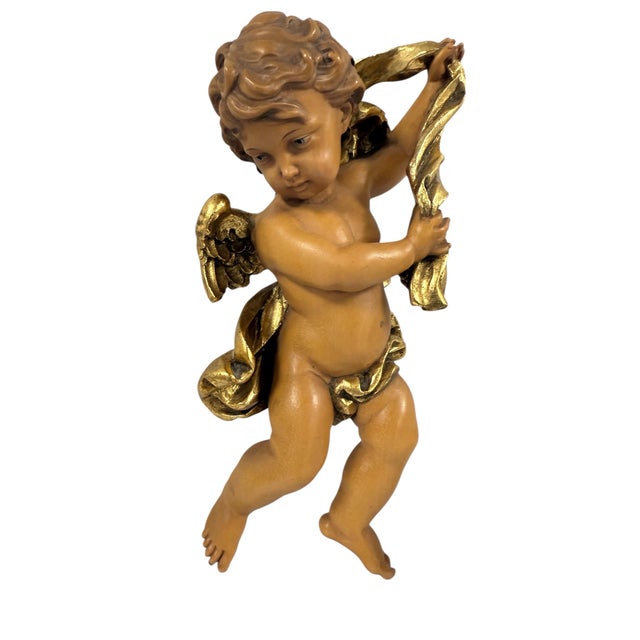 Baroque Matching Pair Vintage Osvaldo Moroder Val Gardena Wood Carved Cherubs Angels Putti 11" For Sale - Image 3 of 10