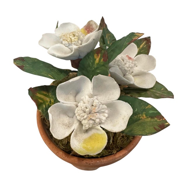 Mid 20th Century Vintage Petite Potted French Porcelain Bisque & Tole White Gardenia Flower / Floral Arrangement in Terracotta Pot For Sale - Image 5 of 6