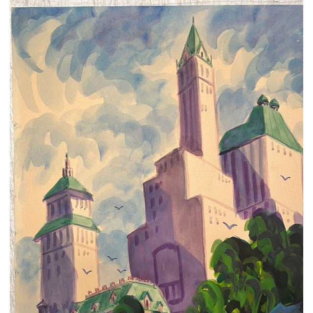 Forest Green Vintage James Russell Sherman Central Park Plaza Hotel Roof New York Painting For Sale - Image 8 of 11