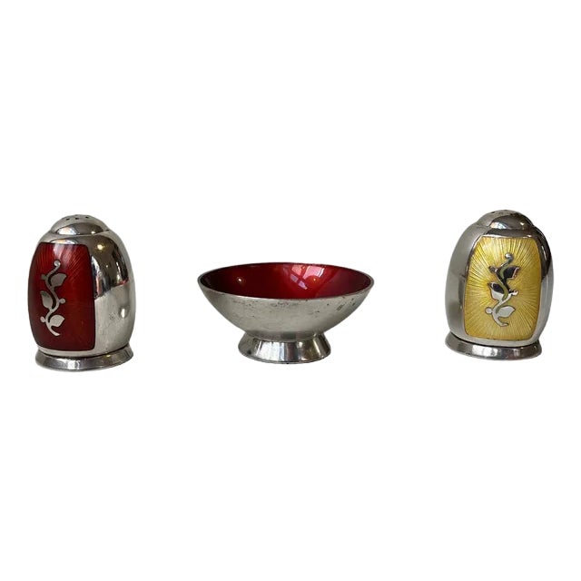 Salt & Pepper Set in Sterling Silver and Enamel from Volmer Bahner, 1960s, Set of 3 For Sale