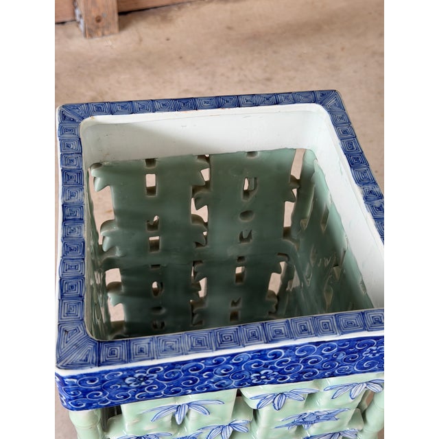 Large Pierced Celadon Faux Bamboo Ceramic Umbrella Stand or Jardinière For Sale - Image 9 of 12