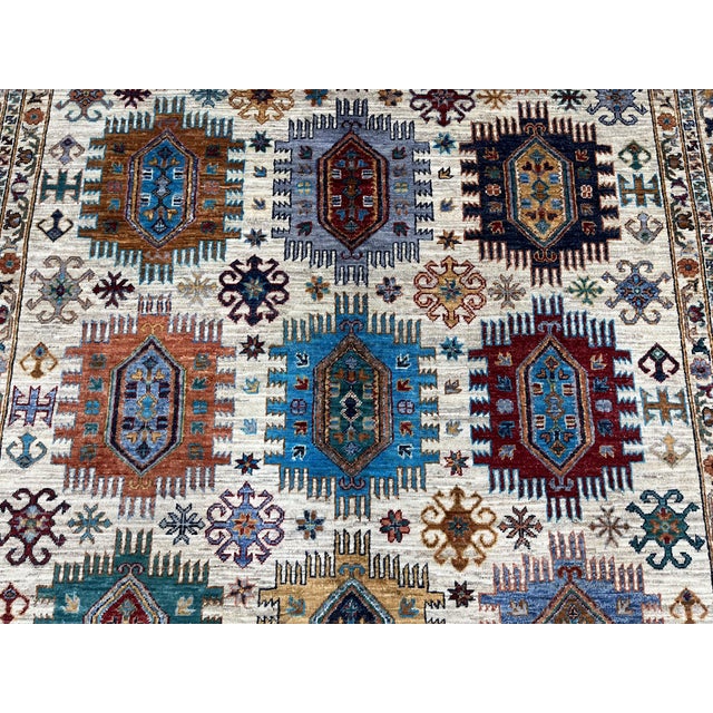Ivory & Blue Sultani Natural Dye Wool Rug, Tribal Geometric Medallion ...