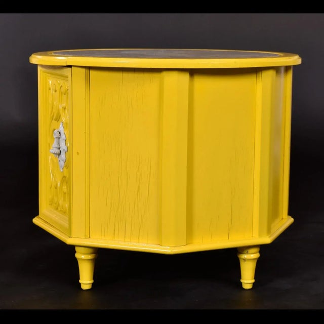 Wood 1970s Yellow and White Round Travertine Top Side Tables With Storage For Sale - Image 7 of 12