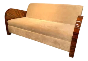 French Art Deco Style Rosewood Sofa/Couch Lacquered Rosewood Velour Upholstery