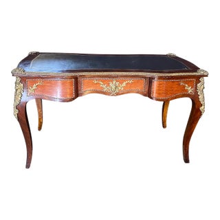 French Louis XV Satinwood and Mahogany Bureau Plat Leather Top Writing Desk For Sale