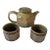 Vintage Artisan Sculpted Glazed Clay Pottery Tea Pot With Cups Signed- 3 Pieces For Sale