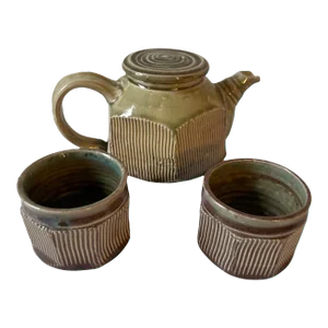 Vintage Artisan Sculpted Glazed Clay Pottery Tea Pot With Cups Signed- 3 Pieces