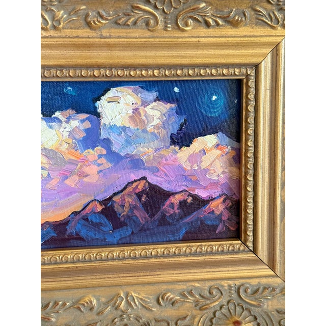Incredible and vibrant sunset mountain landscape scene. This original oil painting by listed Tuscon, Arizona artist...