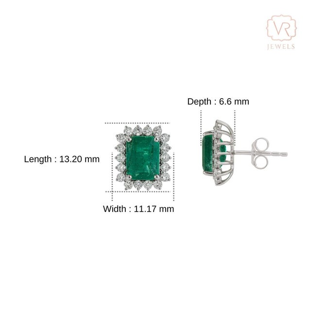 4.39ct Zambian Emerald Solitaire Stud Earrings With Diamonds in 14k Solid Gold- A Pair For Sale - Image 11 of 16