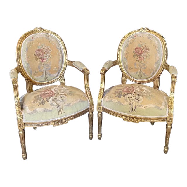 19th C Armchairs With Aubusson Tapestry Upholstery -A Pair For Sale