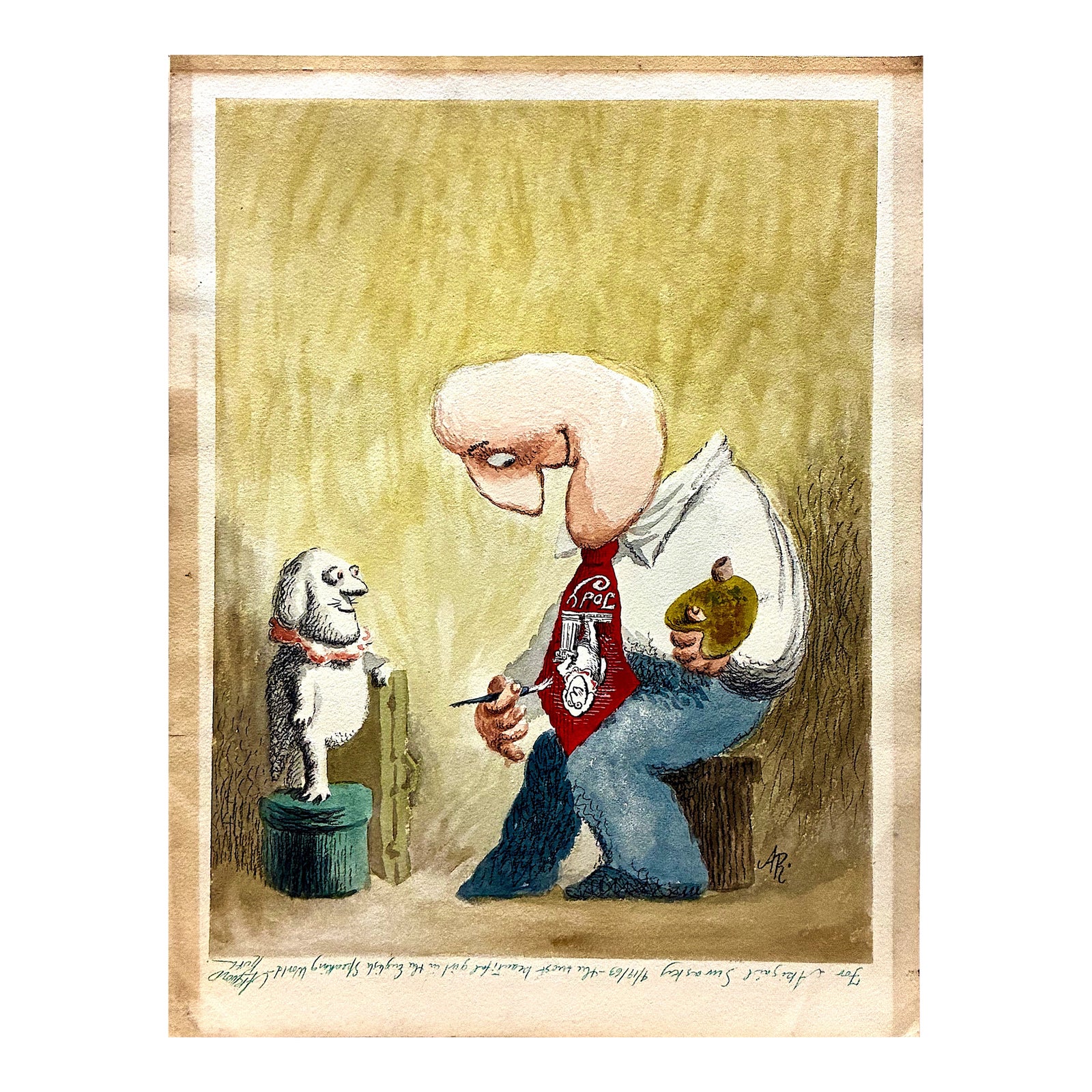 A Pet and His Owner Cartoon in Watercolor, by Arnold Roth | Chairish