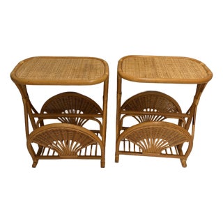 Pair..1970s Bamboo Cane Wicker Mid-Century Modern Side Bedside End Sofa Table Magazine Stand For Sale