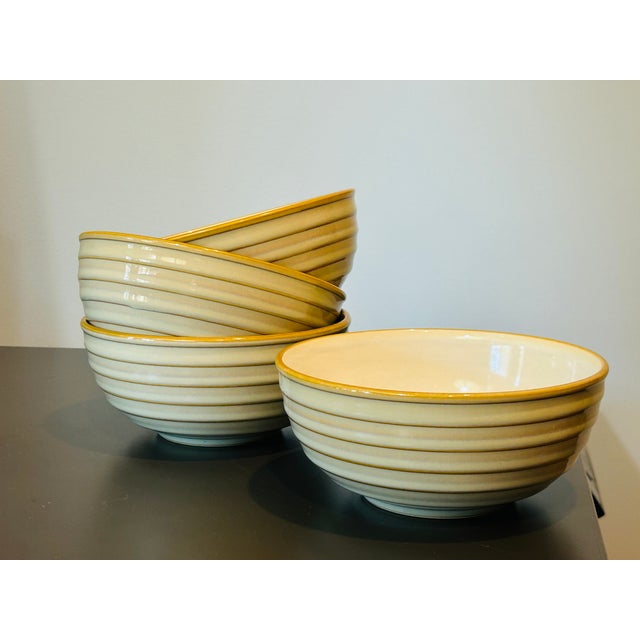 Dansk Vintage Mid-Century Modern Dansk Reactic Khaki Soup & Cereal Bowls Ribbed Stoneware - Set of 4 For Sale - Image 4 of 12