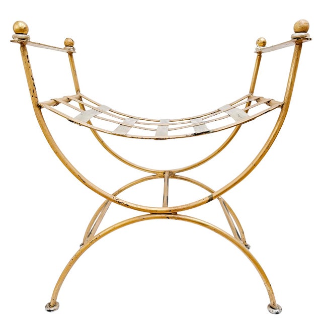 Early 20th Century Italian Hollywood Regency Gilded Wrought Iron Curule or Savonarola Vanity Stool For Sale - Image 4 of 8