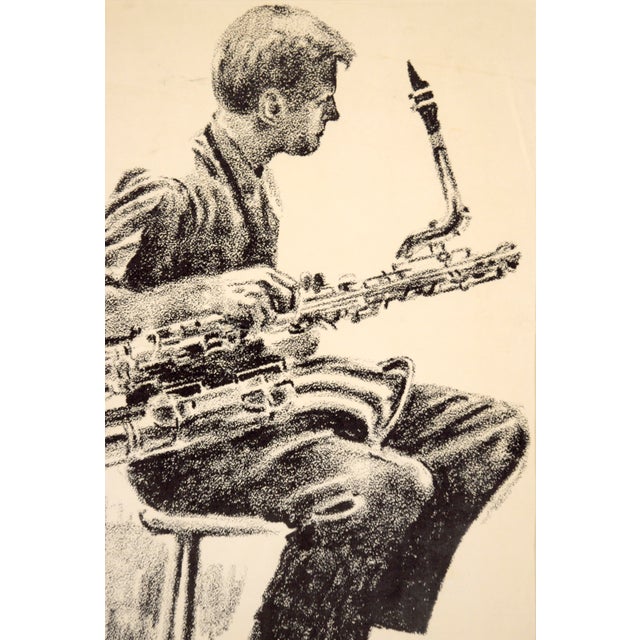 American Gerry Mulligan, Baritone Sax - Rare Signed Figurative Lithograph in Ink on Paper by Eugene Hawkins For Sale - Image 3 of 6