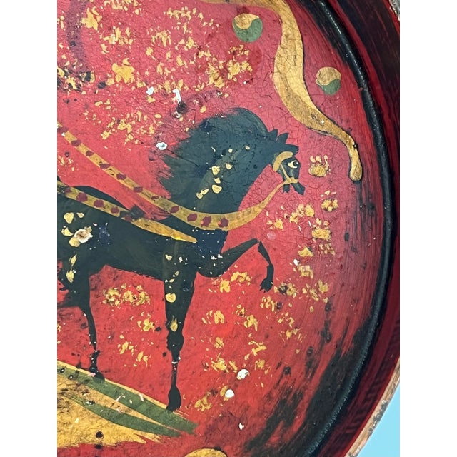 Metal Vintage Horse and Carriage Hand Painted Circular Tole Tray For Sale - Image 7 of 9