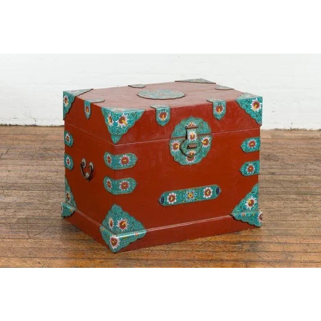 Chinese Vintage Chinese Blanket Chest with Red Lacquer & Cloisonné Floral Décor For Sale - Image 3 of 13