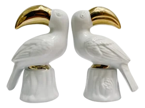 Vintage Hollywood Regency White Porcelain & Gold Gilt Toucan Bookends - A Pair