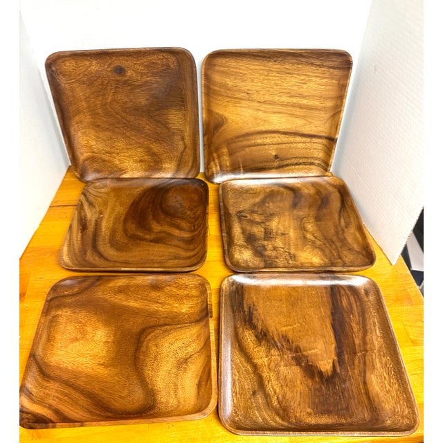 Rustic Vintage Teak-Wood Serving Plates Set of 6 For Sale - Image 3 of 6
