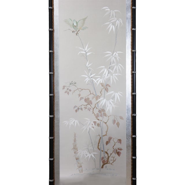 Vintage Chinese Hand-Painted Four-Panel Silk Folding Screen – Bamboo & Bird Motif For Sale - Image 4 of 13