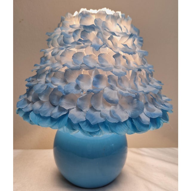 Vintage Table Lamp with Round Blue Ceramic Base and Handmade Flower Shade by Lamplove, 1980s For Sale - Image 6 of 12