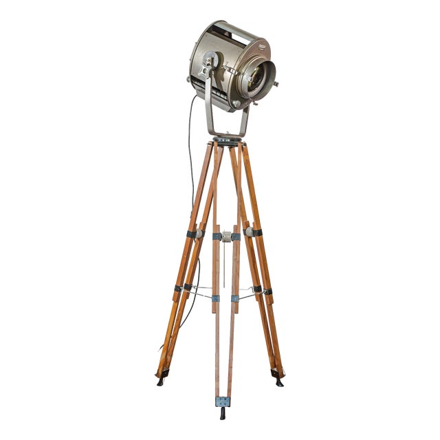 Vintage Theater Spotlight Floor Lamp on Wooden Tripod from ADB Belgium, 1960s For Sale