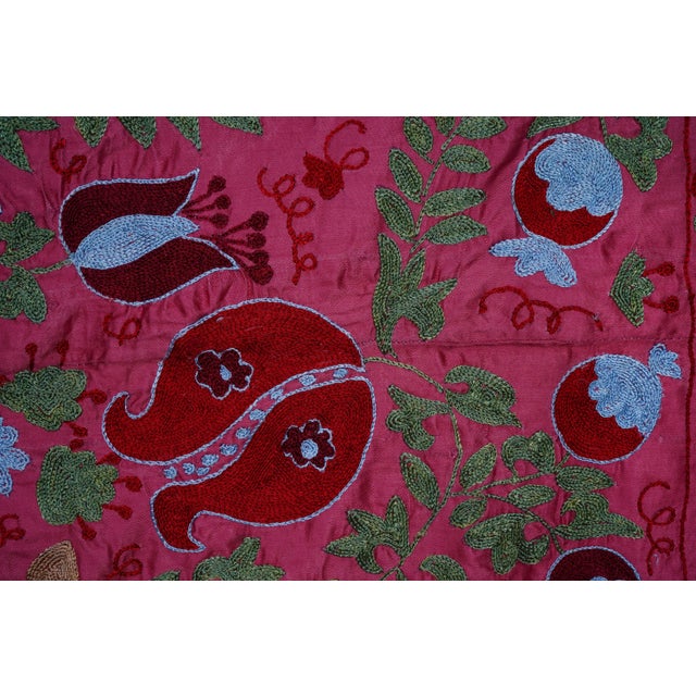 Brick Red Pink Uzbek Suzani Wall Hanging – Pomegranate & Animal Motif Embroidered Textile 3'5'' X 6' For Sale - Image 8 of 13
