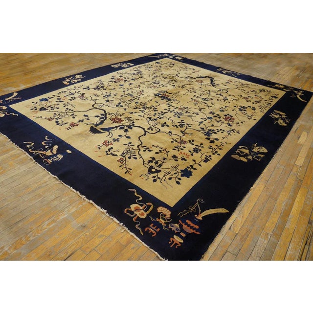 Art Deco 1920s Beige Tree-of-Life Antique Chinese Peking Rug 9' 3'' X 11' 6'' Knotted Wool Carpet For Sale - Image 3 of 12
