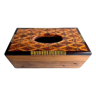 Vintage Marquetry Burled Wood Tissue Box Holder For Sale