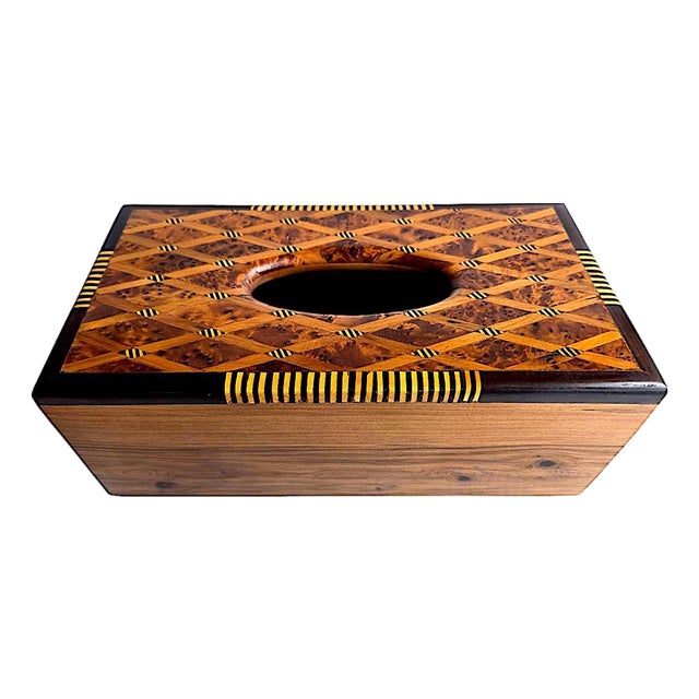 Vintage Marquetry Burled Wood Tissue Box Holder For Sale