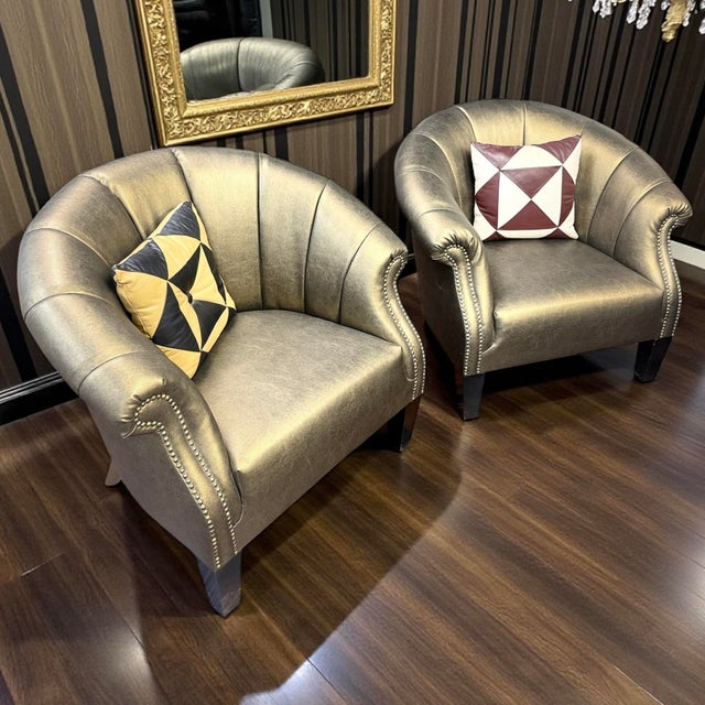 Custom Pacific Design Center Leather Chairs A striking pair of vintage, custom-made Pacific Design Center lounge chairs...