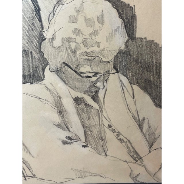 1970s Vintage 1971 Original S Stirling Stylized Pencil Conte Drawing Sketch Elder Lady For Sale - Image 5 of 11