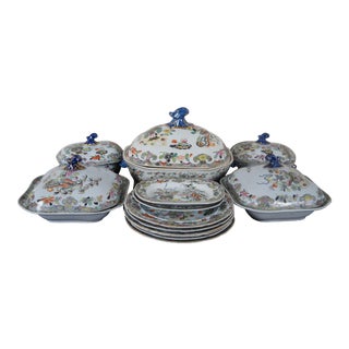 1825 Antique Stephan Folch Bamboo & Basket Hand-Painted Ironstone China Set - 18 Pieces For Sale