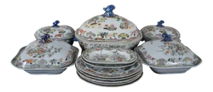 1825 Antique Stephan Folch Bamboo & Basket Hand-Painted Ironstone China Set - 18 Pieces