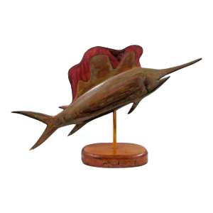 1970s Vintage Carved Silk Oak Wood Sailfish Swordfish Sculpture Signed on Cypress Base