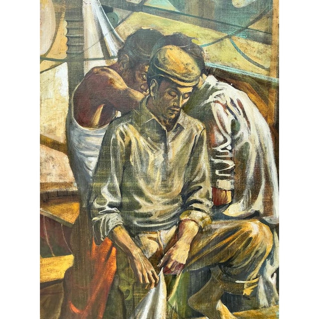 Vintage Canvas Painting of Men at Work For Sale - Image 4 of 12