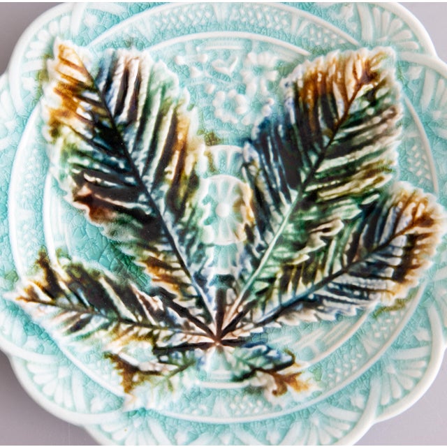 A lovely antique 19th-Century Swedish chestnut leaf majolica dessert plate produced by the renowned Rörstrand company, one...