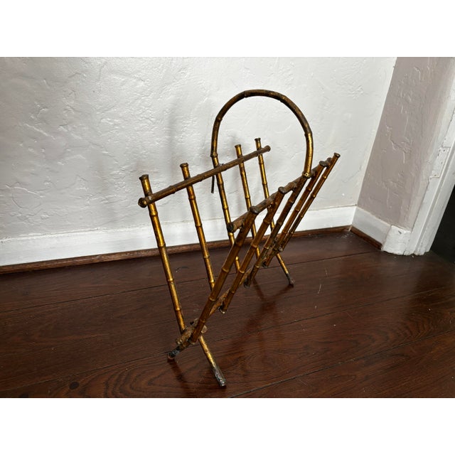 1960s Hollywood Regency Italian Metal Gilt Faux Bamboo Magazine Stand For Sale - Image 4 of 4